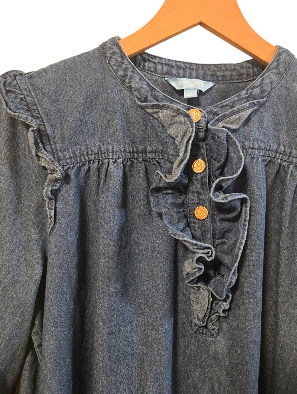 Draper James Chambray Cotton Long Sleeve Ruffle Front Mini Prairie Dress Large - Picture 4 of 8
